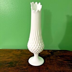 Fenton Hobnail White Milk Glass Pedestal Swung Vase MCM 12 inches 9 Fingers VTG